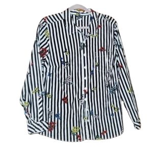 torrid Black and White Striped Button-Down Shirt with Multicolor Floral Accents